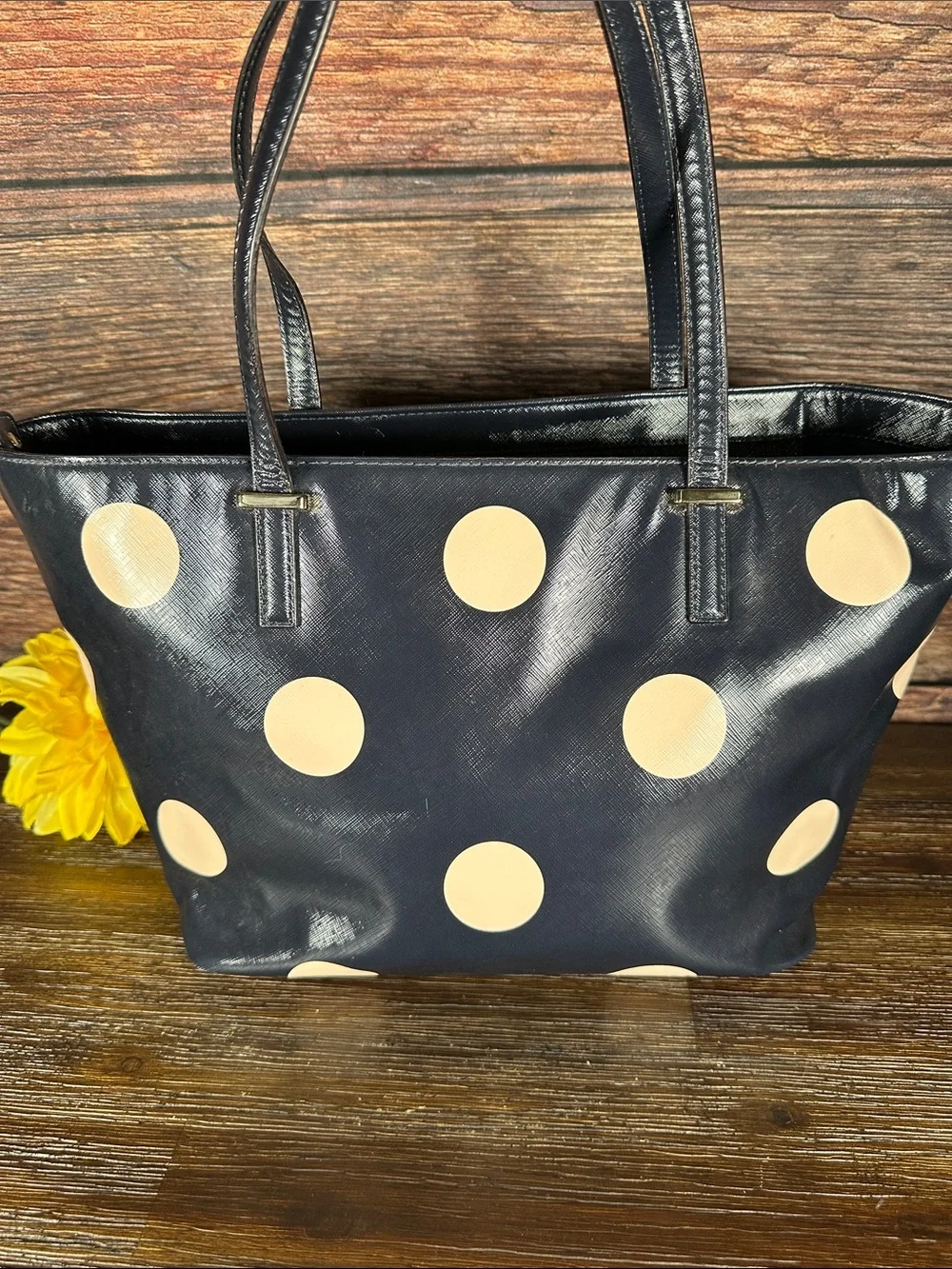 kate spade Navy Tote with Cream Polka Dots!